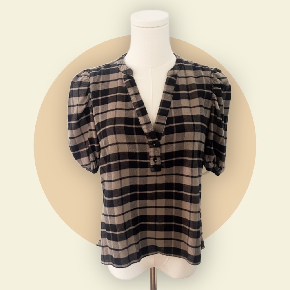 Nation LTD Juno Puff Sleeve Flannel Top in Grey and Black Plaid